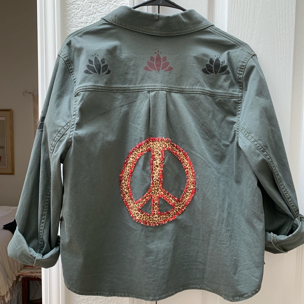Handcrafted embroidered vintage army green jacket with lg Peace sign and heart